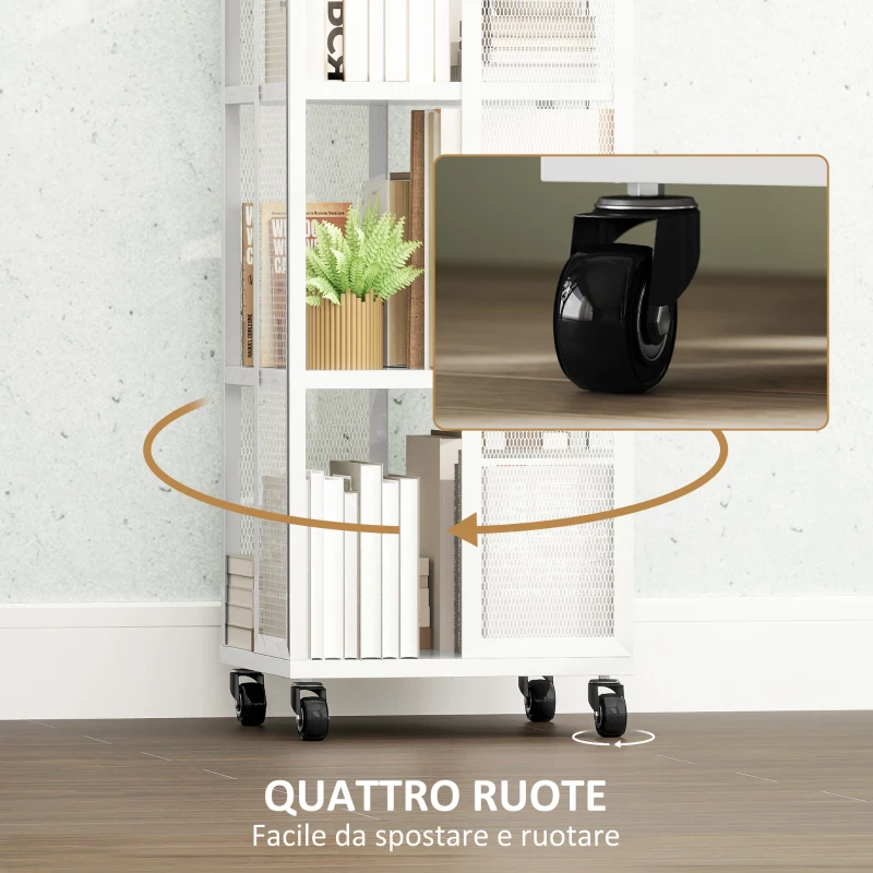 HOMCOM Libreria Moderna a 4 Ripiani in Metallo a Rete con Ruote, 35x35x129 cm, Bianco