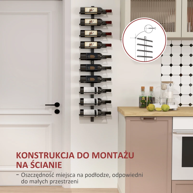 HOMCOM Regał na Wino, Uchwyt Ścienny na 10 Butelki Wina, 10 Poziomów, Metal, do Kuchni, Salonu, Domowej Bary, Czarny