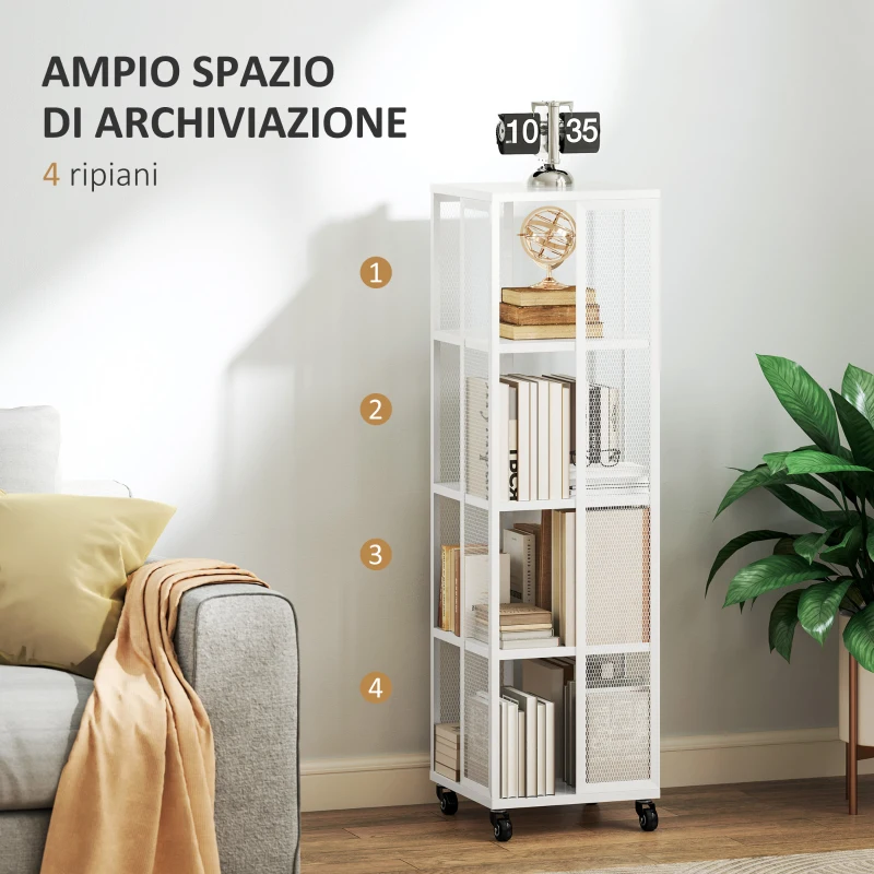 HOMCOM Libreria Moderna a 4 Ripiani in Metallo a Rete con Ruote, 35x35x129 cm, Bianco