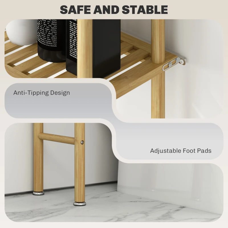 HOMCOM Bamboo Over Toilet Storage Unit with 3 Slatted Shelves, 3-Tier Freestanding Bathroom Shelf, Bathroom Space Saver, Natural Wood Finish