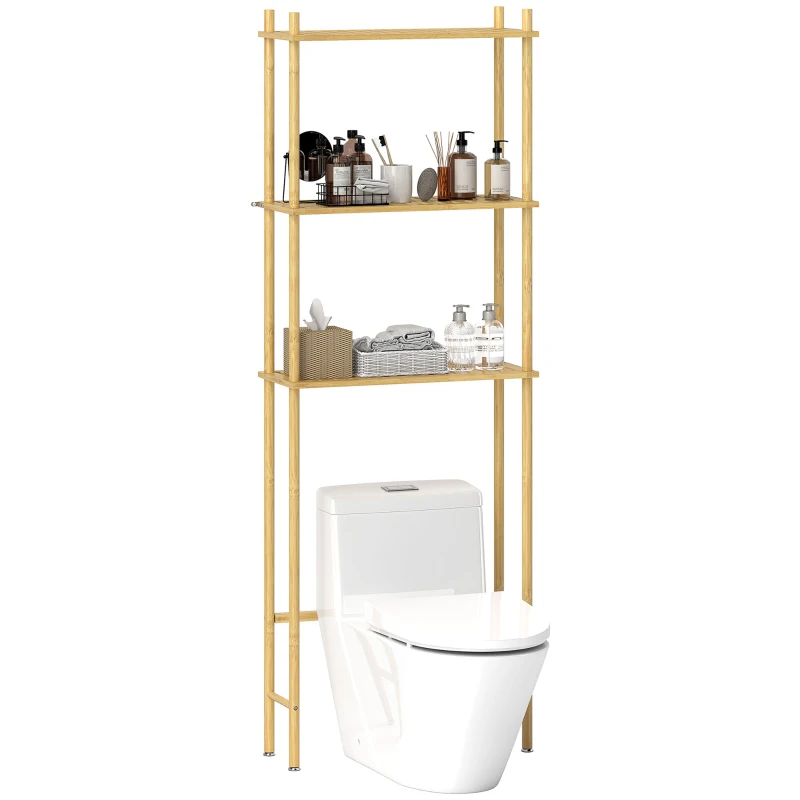 HOMCOM Bamboo Over Toilet Storage Unit with 3 Slatted Shelves, 3-Tier Freestanding Bathroom Shelf, Bathroom Space Saver, Natural Wood Finish