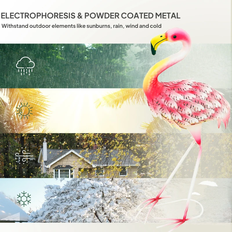 Outsunny Flamingo Garden Statue Ornament, Metal Bird Art Outdoor Statue, Standing Garden Sculpture Gift with Ground Stakes for Pond Landscape Decoration, Pink