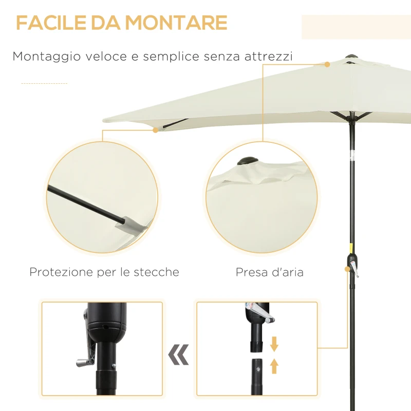 Outsunny Ombrellone 2x3 m Rettangolare, in Alluminio Metallo e Poliestere con Angolo Regolabile, Bianco Crema e Nero