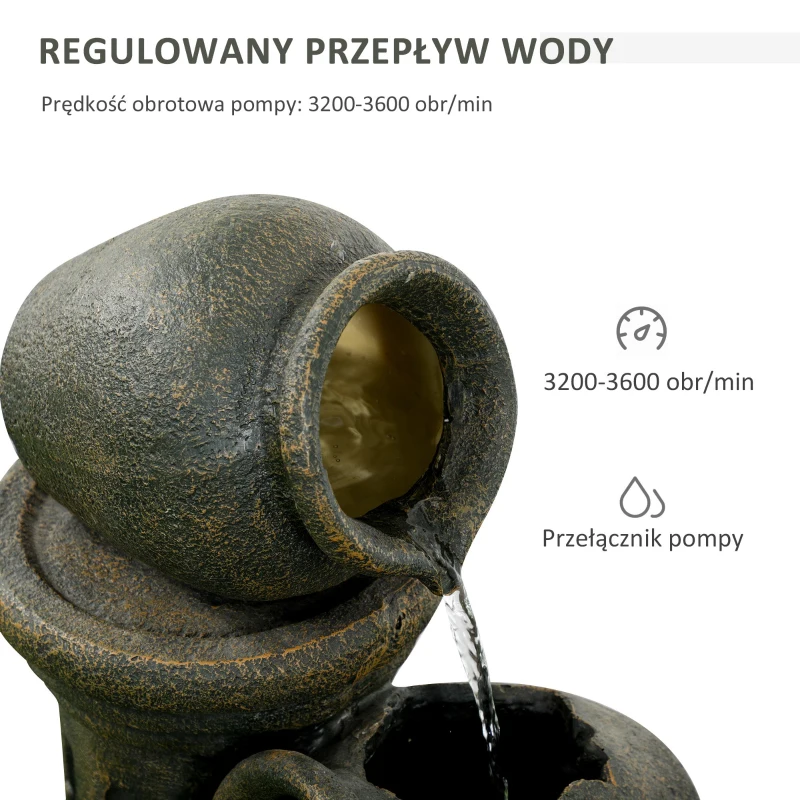 Outsunny Fontanna z Regulowaną Pompą, Odporna na Warunki Pogodowe, 25 cm x 24 cm x 60 cm, Szary