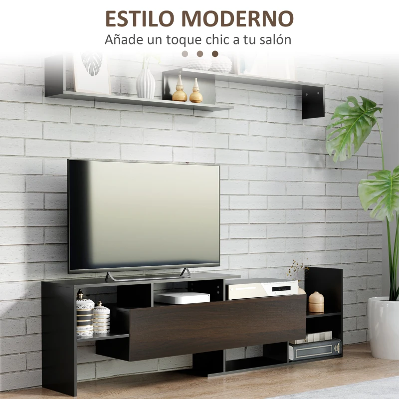 HOMCOM Mueble de Salón para TV Conjunto Muebles de TV 153,6x25x42cm y Estante de Pared 150x14,5x16,3cm Negro y Marrón
