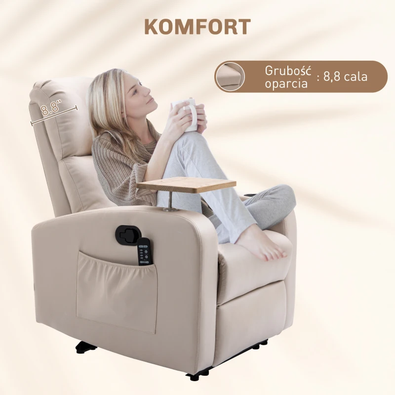 HOMCOM Fotel masujący Fotel relaksacyjny Fotel do leżenia, 1 stolik składany, 1 podnóżek; 77 cm x 93 cm x 105 cm, Beżowy(m-7)