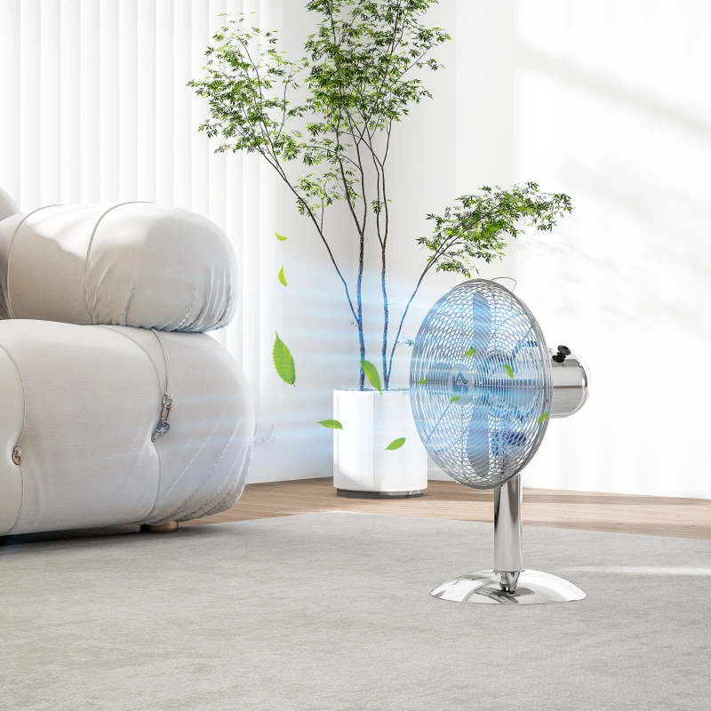 HOMCOM Three-Speed Oscillating Desk Fan - Silver-Tone