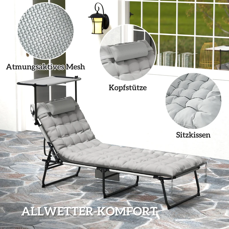 Outsunny Sonnenliege klappbar Gartenliege mit Dach Matratze, Liegestuhl mit 4-Fach verstellbare Rückenlehne Hellgrau