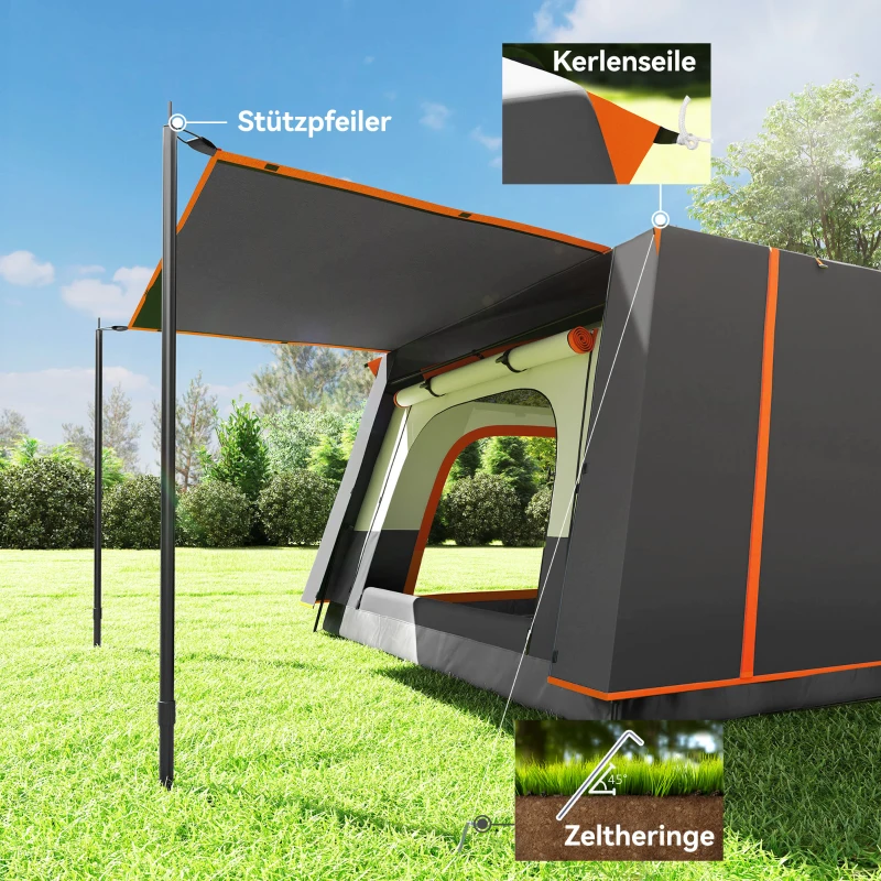 Outsunny Campingzelt für 4-6 Personen leicht, stabil wasserdicht Tunnelzelt mit Vordach Bodenplane Dunkelgrau