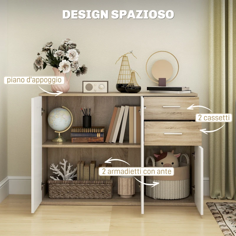 HOMCOM Credenza Moderna con 3 Armadietti e 2 Cassetti, in Legno, 106x35x76 cm, color Legno