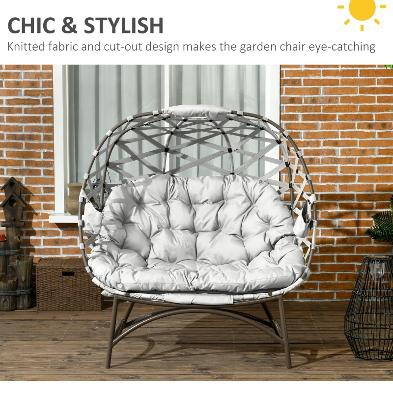 Outsunny 2 Seater Egg Chair Outdoor, Folding Weave Garden Furniture Chair with Cushion, Cup Pockets - Light Grey