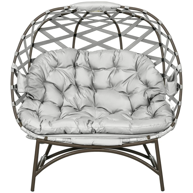 Outsunny 2 Seater Egg Chair Outdoor, Folding Weave Garden Furniture Chair with Cushion, Cup Pockets - Light Grey
