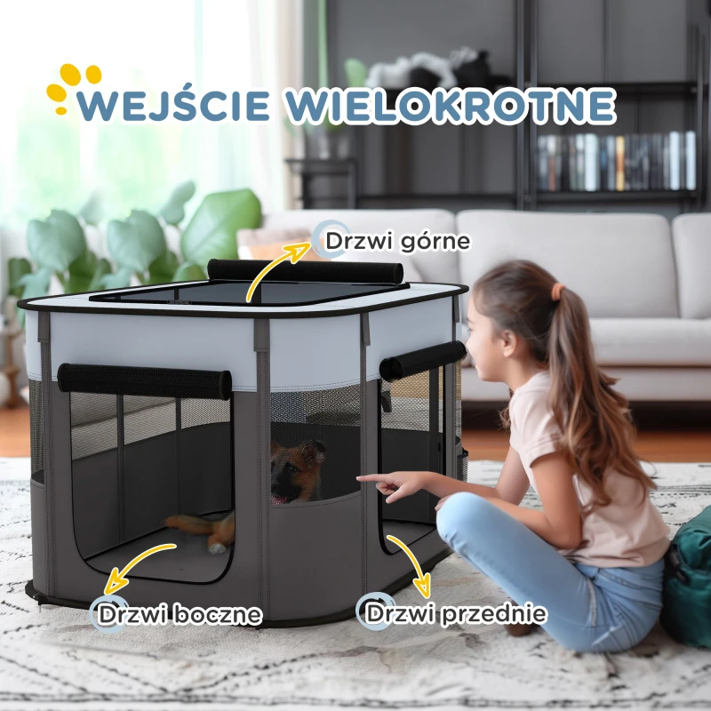 PawHut Składany wybieg dla zwierząt domowych, z torbą do przechowywania, dla szczeniąt i kociąt, do użytku wewnętrznego i zewnętrznego, Szary(m-5)