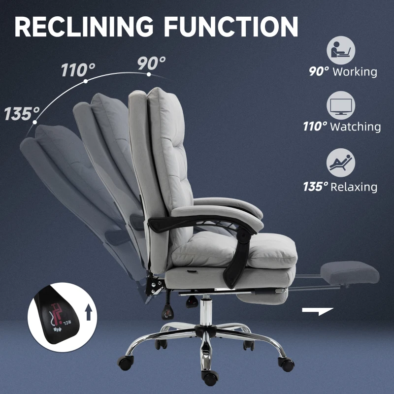 Vinsetto Office Chair with Footrest, Double Padding Ergonomic Desk Chair with 6-Point Vibration Massage and Back Heating, Microfibre Fabric with 135° Reclining Back, Grey