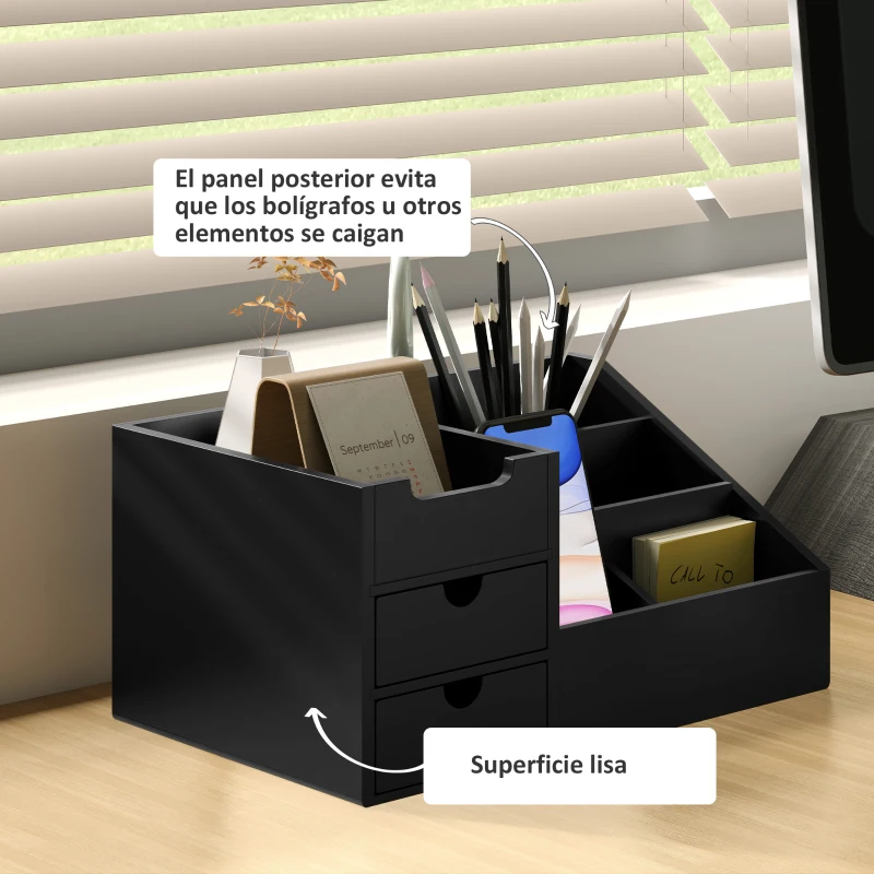HOMCOM Organizador de Escritorio de Bambú con 2 Cajones 6 Compartimentos y Estante para Oficina Hogar 33x20,5x15,5 cm Negro
