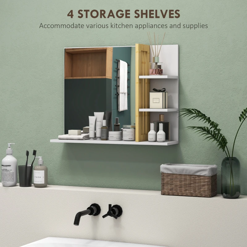 HOMCOM Bamboo Panel Bathroom Mirror, with Shelves - White