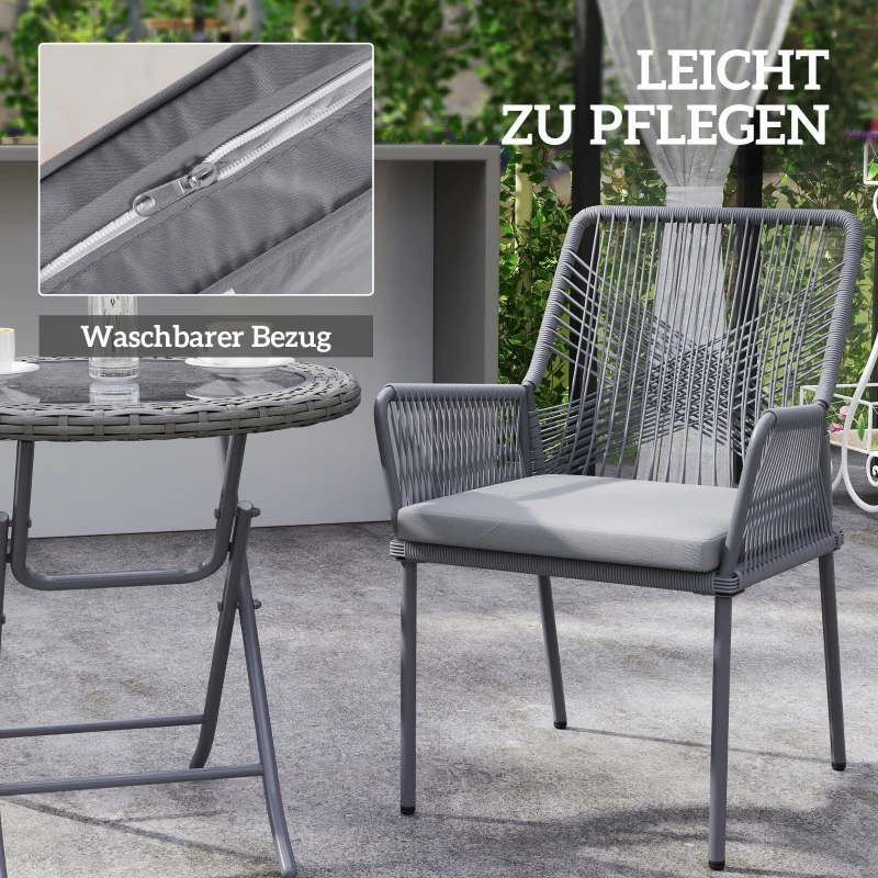Outsunny Set van 2 Tuinstoelen, Terrasstoelen met Wasbare Kussens, Rug- en Armleuningen, Staal, Rattan, Donkergrijs