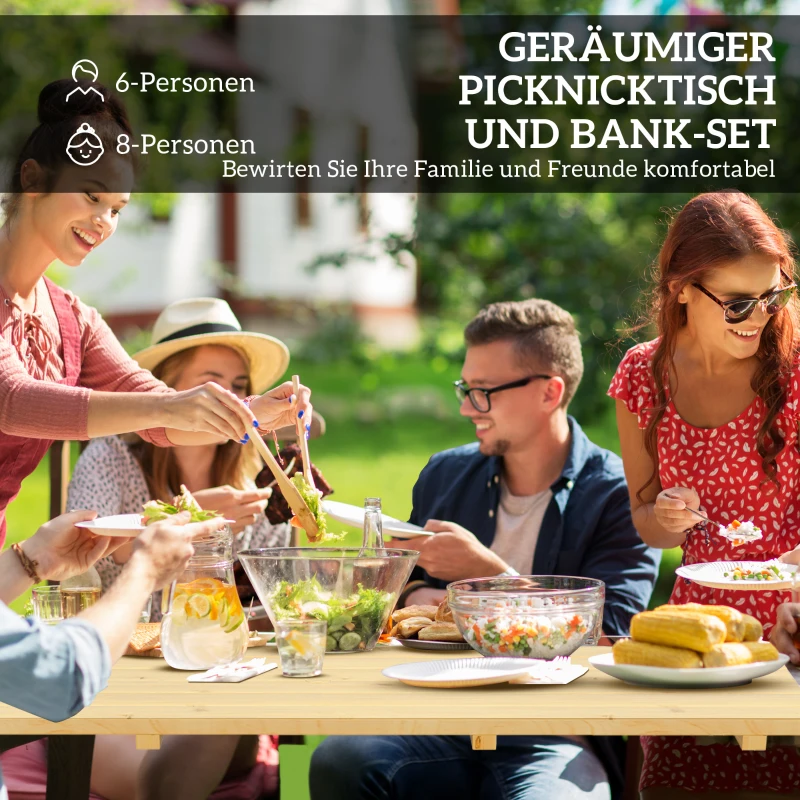 Outsunny 3-Delige Biertafelset Hout met Parasolgat, Biertafel 2 x Bierbank 175 x 148 x 78 cm Natuurhout