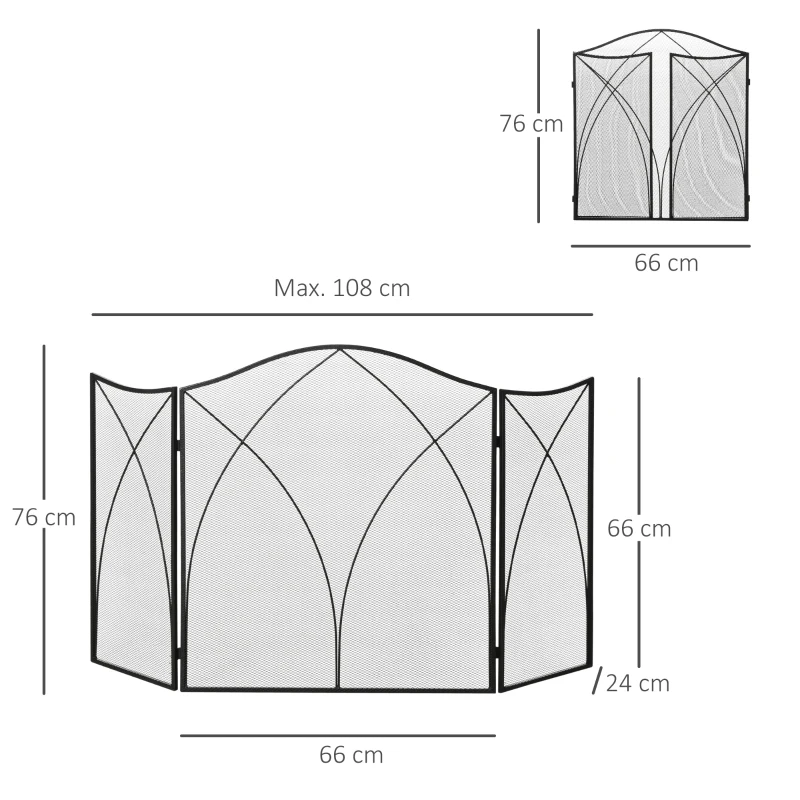 HOMCOM Parascântei pentru Șemineu din 3 Părți Pliabil cu Decorațiuni, Paravan de Protecție din Metal, 126x2x76 cm, Negru