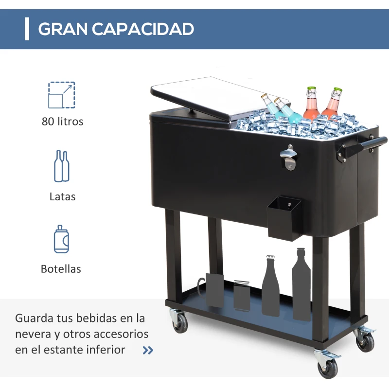 Outsunny Enfriador de Bebidas de Acero con Ruedas Abridor de Botellas y Drenaje para Exterior Patio y Jardín 75,7 L Negro