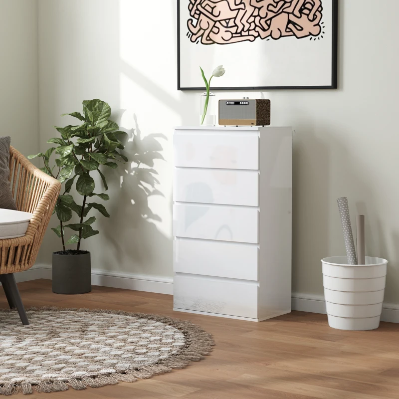 HOMCOM Komoda Sideboard z 5 szufladami, 55 cm szer x 34 cm gł x 100 cm wys, Biała