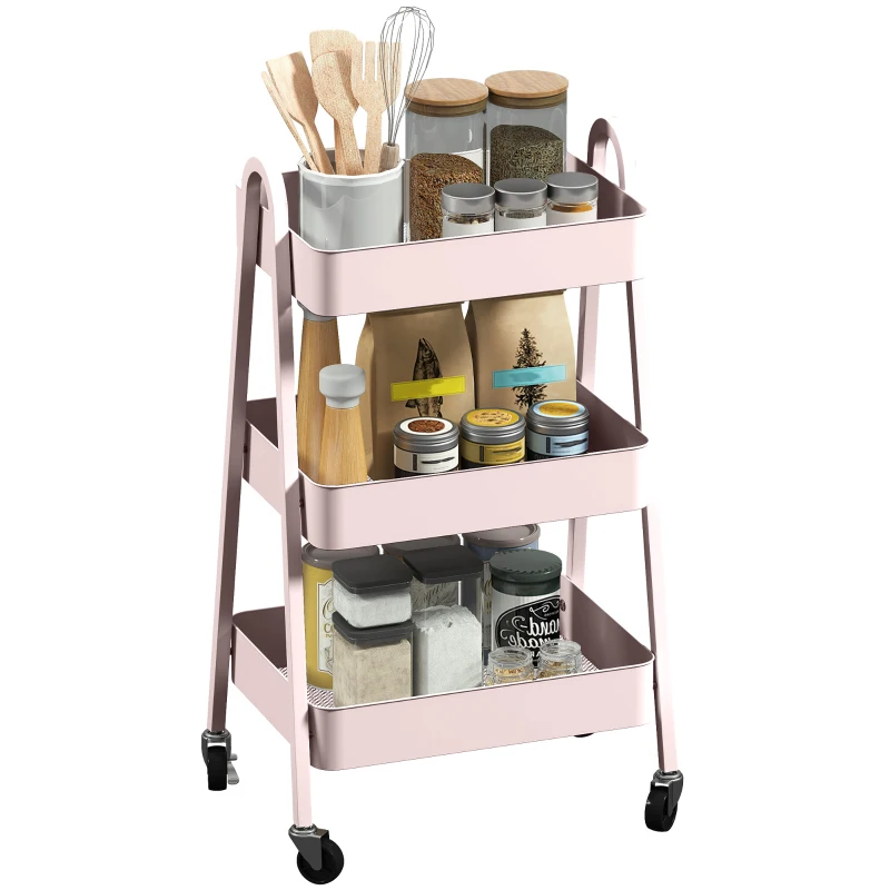 HOMCOM Three-Tier Storage Trolley - Pink