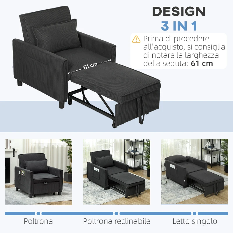 HOMCOM Poltrona Letto Reclinabile con Tasche Laterali, in Tessuto Effetto Velluto, 74x84x81 cm, Grigio Scuro