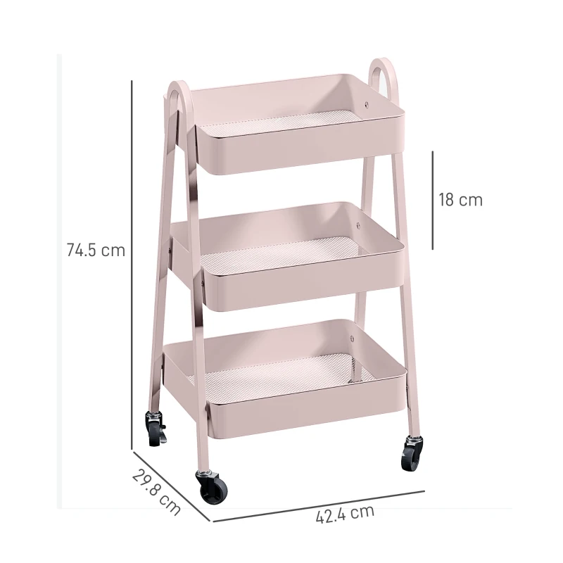 HOMCOM Three-Tier Storage Trolley - Pink