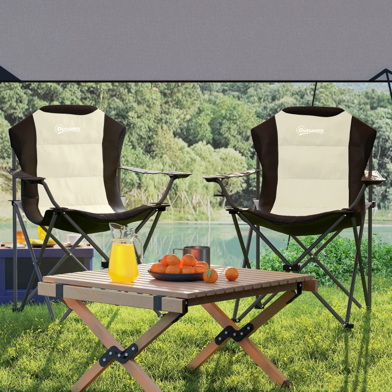 Outsunny Conjunto de 2 Sillas Plegables Camping Acolchado con Respaldo Alto Portavasos y Bolsas de Transporte Crema y Negro