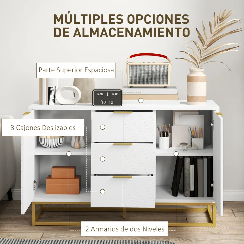 HOMCOM Aparador Moderno Aparador para Salón con 3 Cajones 2 Puertas y Estante Ajustable Mueble Auxiliar para Salón Cocina Antivuelco 120x40x76 cm Blanco