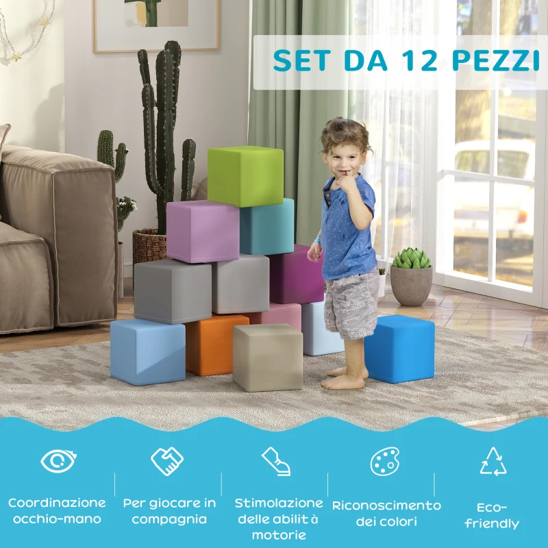 HOMCOM Set 12 Cubi Giocattolo Morbidi per Bambini 12-36 Mesi in PU ed EPE, 20x20x20cm, Multicolore