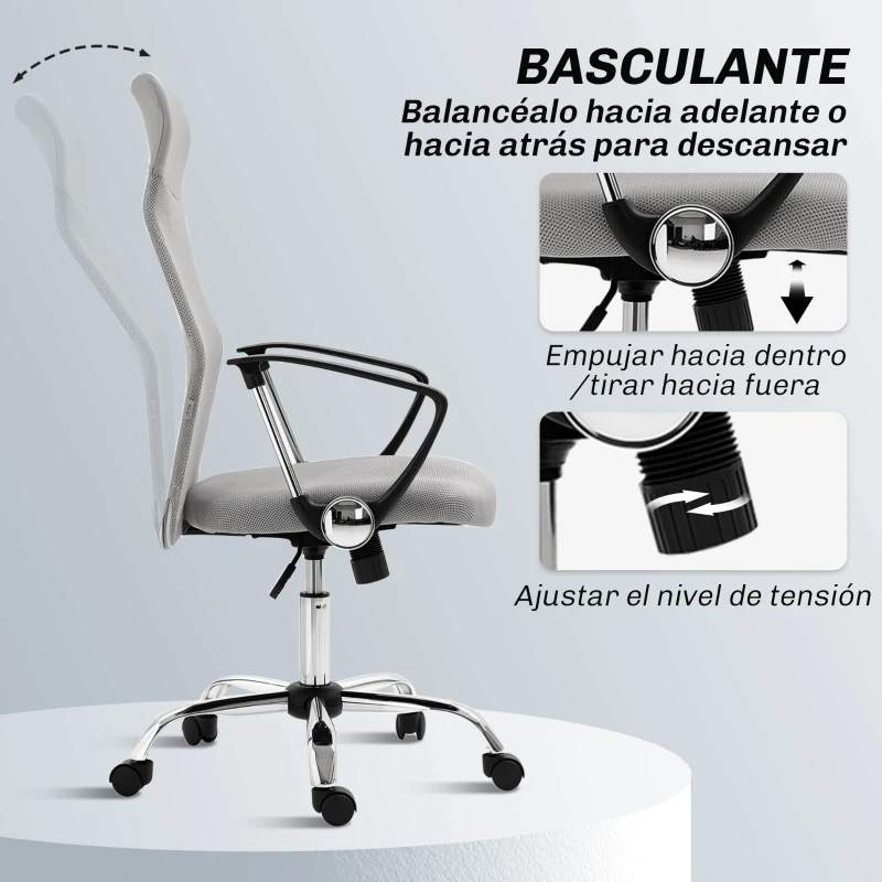 HOMCOM Silla de Oficina con Respaldo Curvo Reposacabezas y Ruedas Función Basculante y Giratoria 63x65x109-119 cm Gris Claro