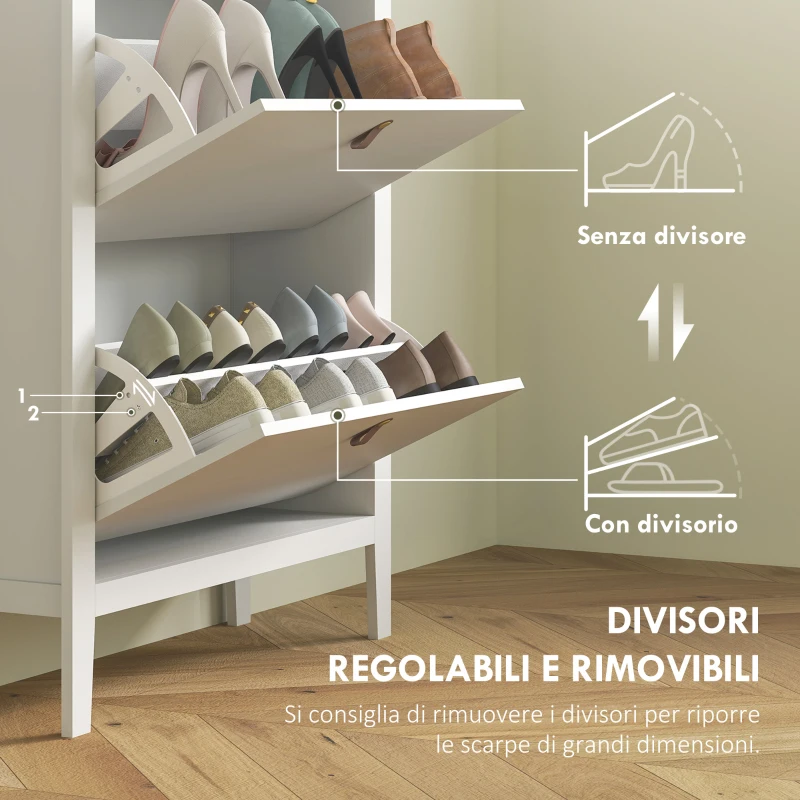 HOMCOM Scarpiera Slim 2 Cassetti per 14 Paia di Scarpe Taglia EU44 e Ripiani Regolabili, 80x24x95.5cm, Bianco