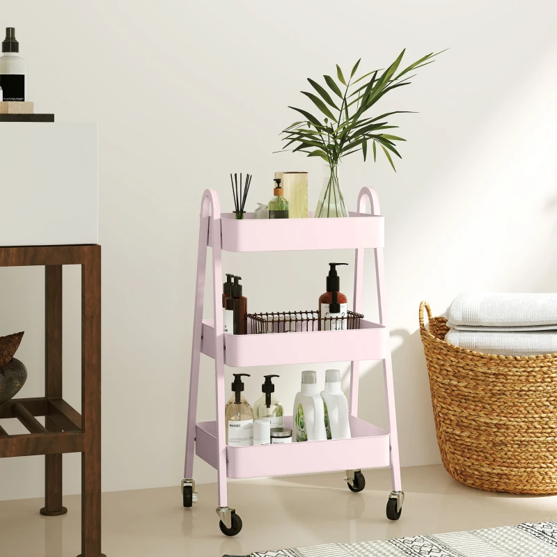 HOMCOM Three-Tier Storage Trolley - Pink