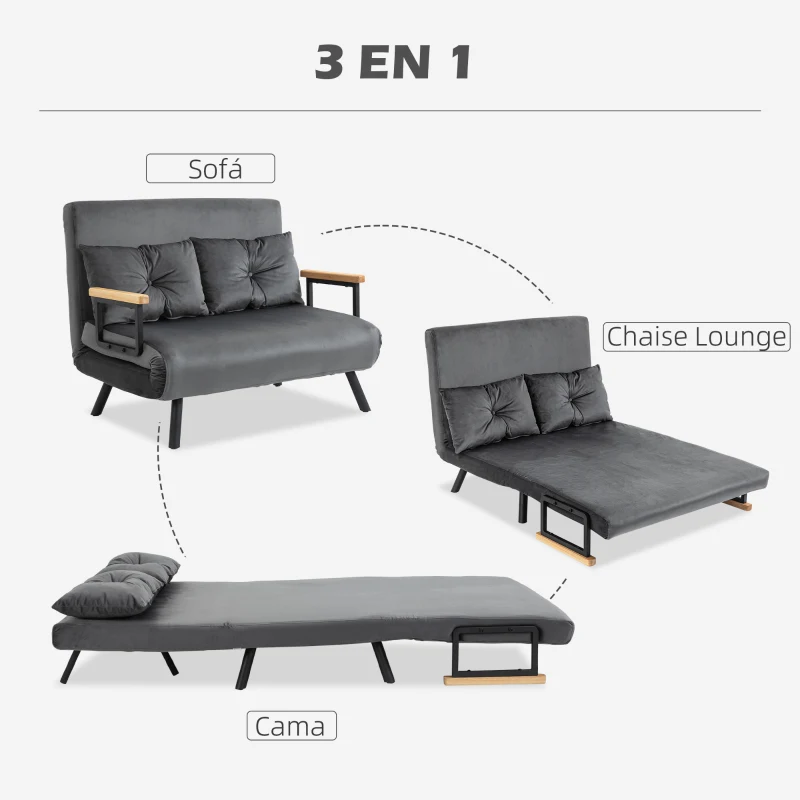 HOMCOM Sofá Cama Convertible 4 en 1 Sillón Cama 2 Plazas Plegable Respaldo Ajustable de 5 Niveles Almohadas 102x73x81cm Gris