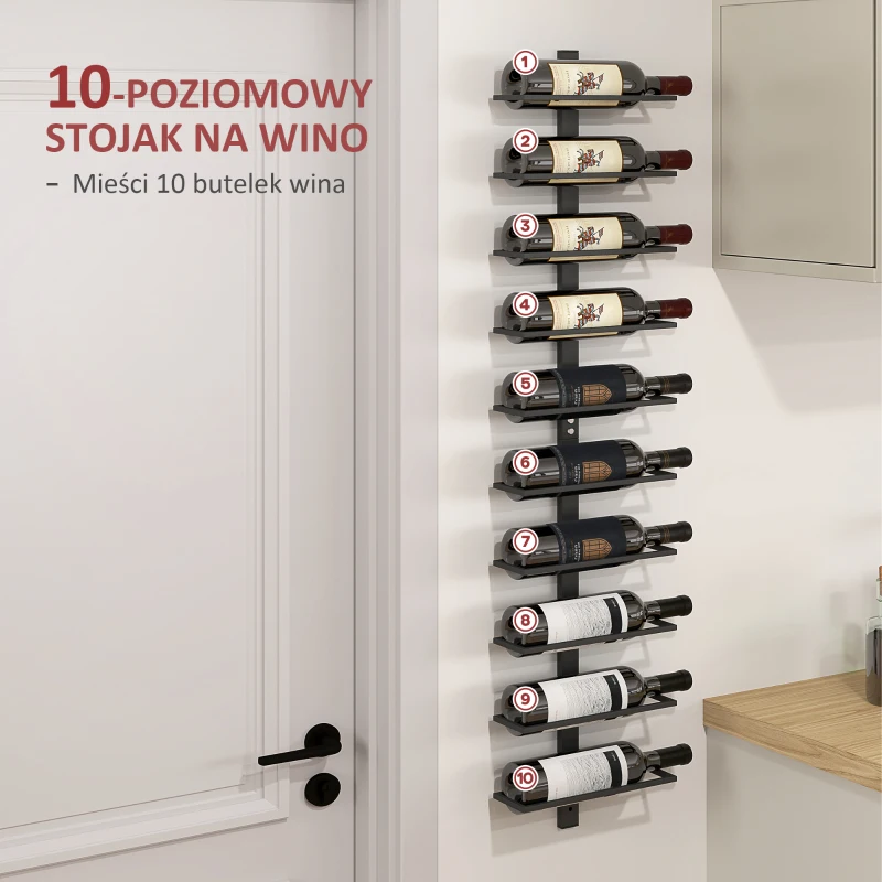 HOMCOM Regał na Wino, Uchwyt Ścienny na 10 Butelki Wina, 10 Poziomów, Metal, do Kuchni, Salonu, Domowej Bary, Czarny