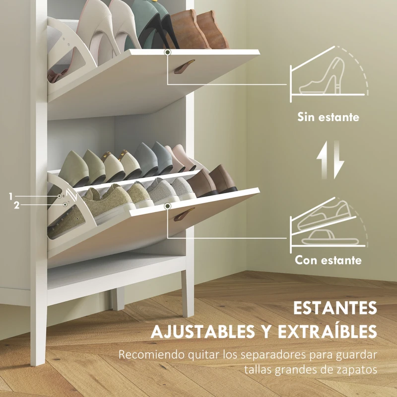 HOMCOM Zapatero Estrecho con 2 Compartimentos y Tiradores de Cuero PU para Pasillos y Recibidores 80x24x95,5 cm Blanco y Madera