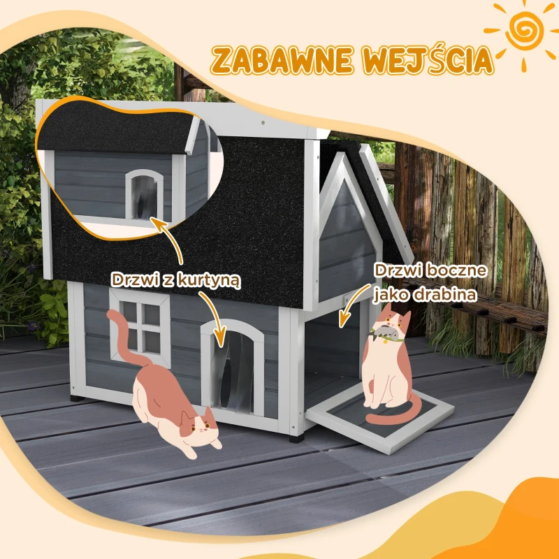PawHut Domek dla kota, odporny na warunki atmosferyczne, z oknem, 77x57,5x68cm, Szary/Czarny(m-4)