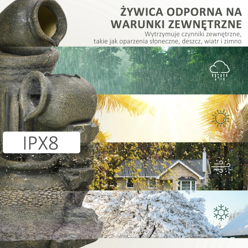 Outsunny Fontanna z Regulowaną Pompą, Odporna na Warunki Pogodowe, 25 cm x 24 cm x 60 cm, Szary