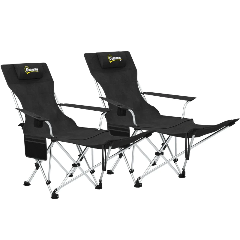 Outsunny Conjunto de 2 Sillas Plegables Camping con Reposapiés Desmontable Reposacabezas Portavasos y Bolsa 82x50/100x88 cm Negro