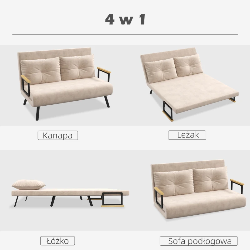 HOMCOM Sofa z funkcją spania, 2-osobowa sofa z aksamitną powłoką, funkcja spania, w zestawie 2 poduszki, aksamitny odcień, naturalny + beżowy + czarny