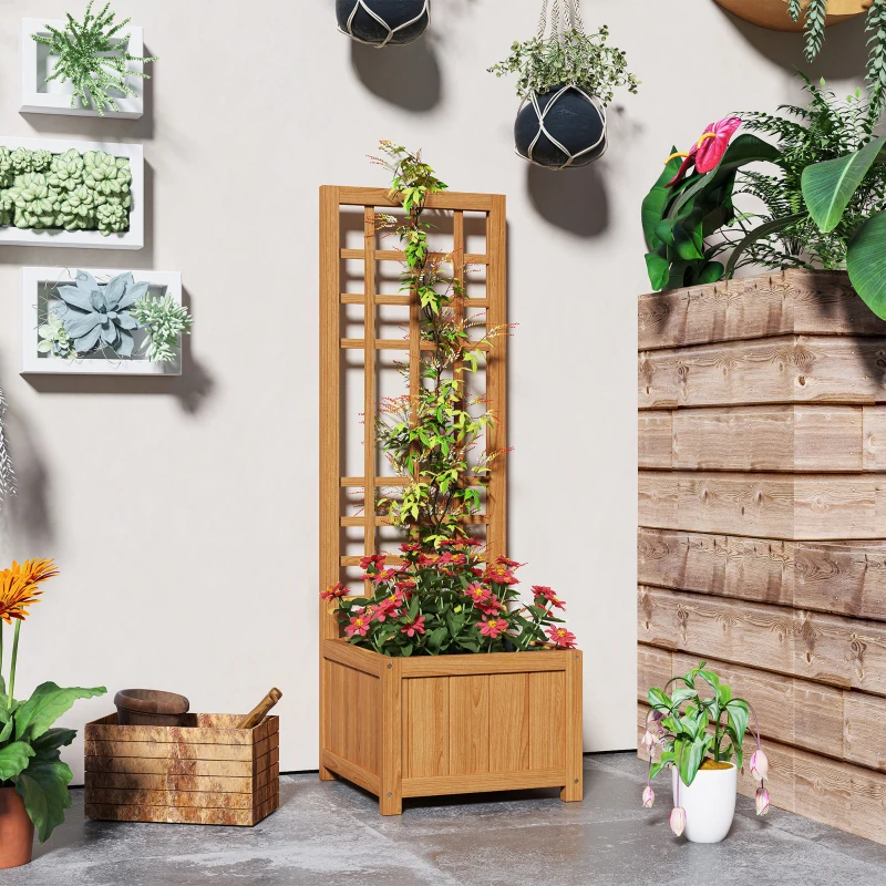 Outsunny Fioriera con Traliccio per Rampicanti con Foro di Drenaggio e Fodera, in Legno, 40x40x120 cm, Marrone
