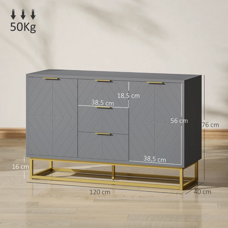 HOMCOM Aparador Auxiliar Armário de Armazenamento com 3 Gavetas e 2 Armários com Prateleira Ajustável 120x40x76 cm Cinza