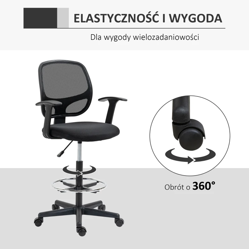 Vinsetto rysunek krzesło z podnóżkiem 5 kół regulowana wysokość siatki stalowej tkaniny czarny