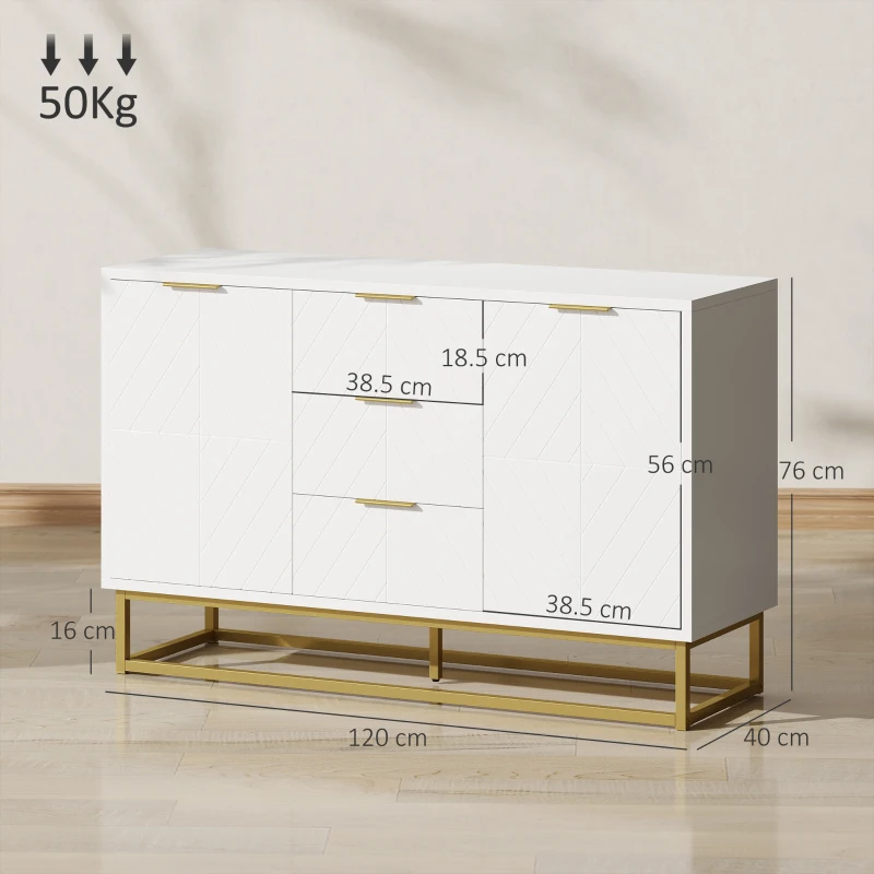 HOMCOM Credenza Moderna Bianca, Credenza Bassa Buffet per Cucina o Sala da Pranzo con 3 Cassetti e 2 Ante, 120x40x76cm