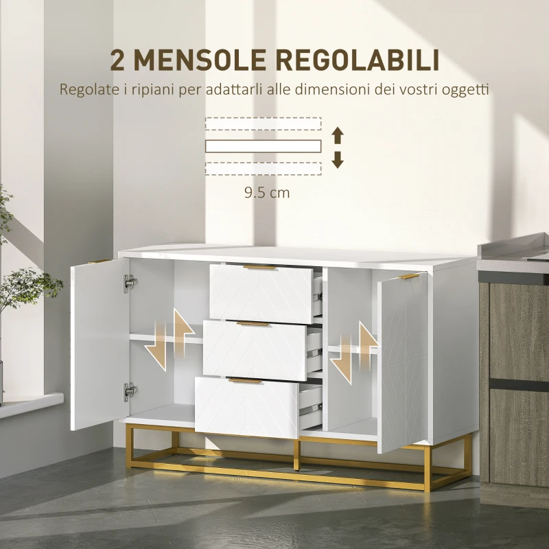 HOMCOM Credenza Moderna Bianca, Credenza Bassa Buffet per Cucina o Sala da Pranzo con 3 Cassetti e 2 Ante, 120x40x76cm