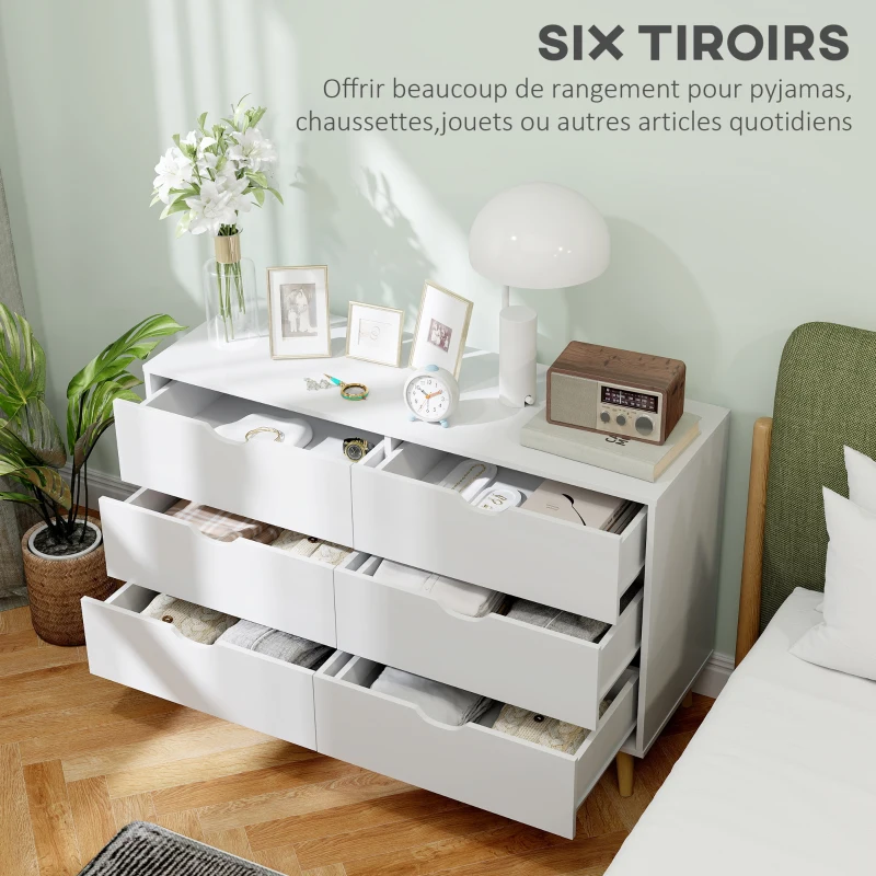 HOMCOM Commode 6 tiroirs meuble de rangement 5 pieds biseautés en bois  120 x 40 x 76 cm blanc