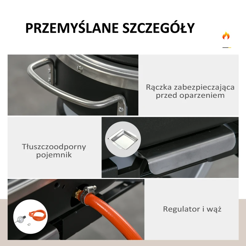Outsunny Grill gazowy Grillwagen Składany z 2 palnikami, rusztem do grillowania, bocznym blatem, kółkami, 2,34 kW, do ogrodu, balkonu, tarasu, stal nierdzewna, czarny+srebrny, 100 x 41,6 x 82,5 cm