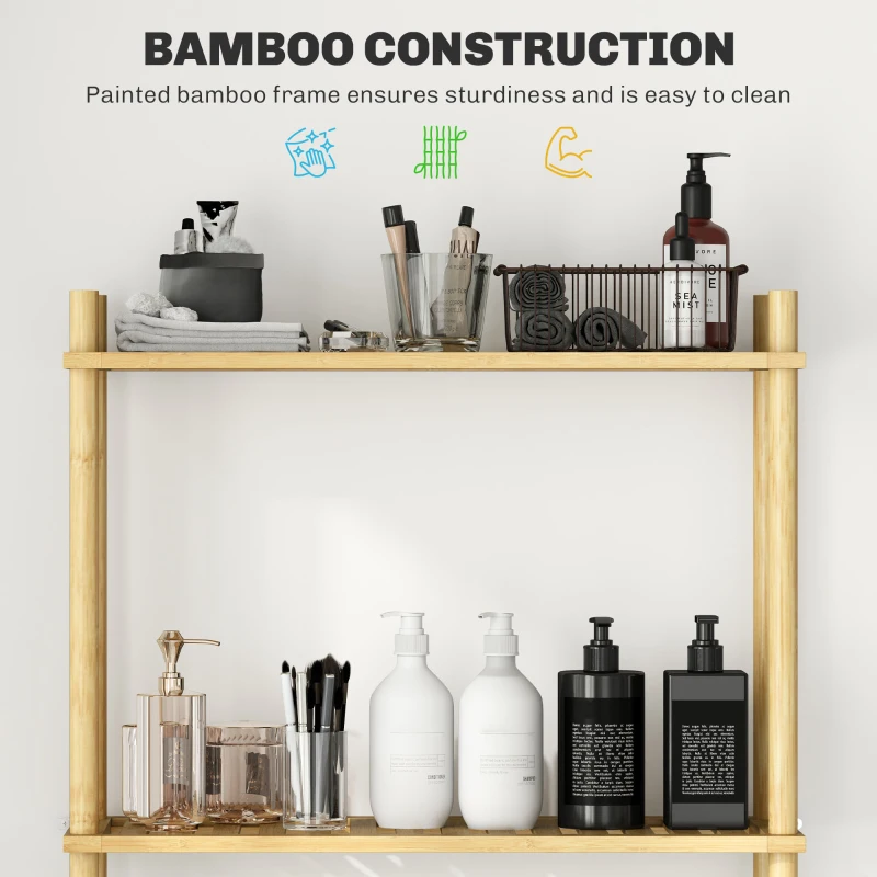 HOMCOM Bamboo Over Toilet Storage Unit with 3 Slatted Shelves, 3-Tier Freestanding Bathroom Shelf, Bathroom Space Saver, Natural Wood Finish