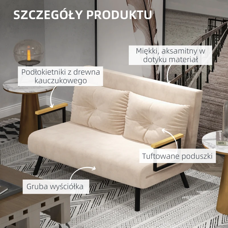 HOMCOM Sofa z funkcją spania, 2-osobowa sofa z aksamitną powłoką, funkcja spania, w zestawie 2 poduszki, aksamitny odcień, naturalny + beżowy + czarny